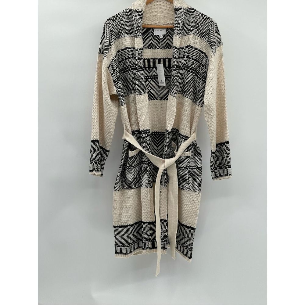 Pink Rose Sweater Cardigan Women Medium Off White Black Long Belted Boho New